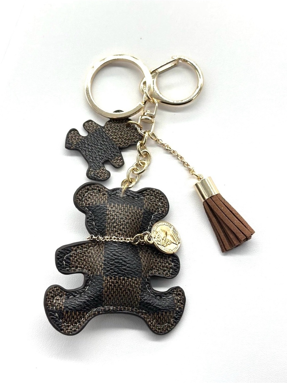 Brown & Gold Teddy Bear Keychain Bag Charm with Tassel